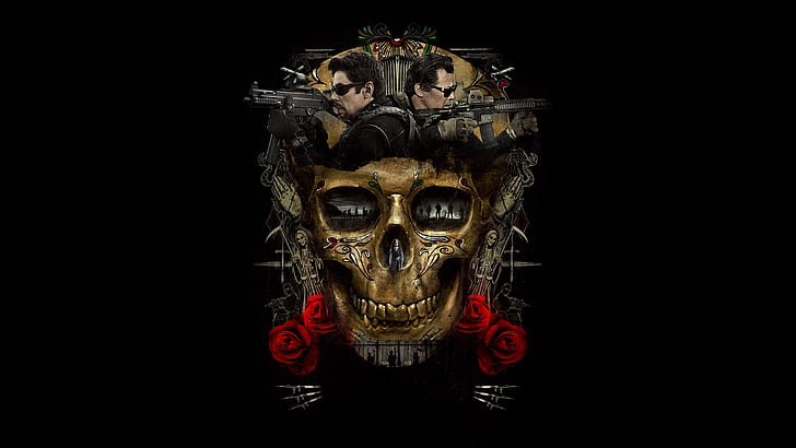 Crâne brun, rouge et noir avec des illustrations de roses et de fusils, Sicario: Jour du Soldado, Josh Brolin, Benicio Del Toro, Action, Crime, Drame, 2018, 4K, 8K, Fond d'écran HD