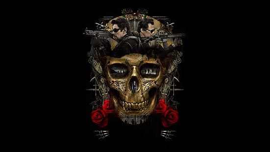 brązowa, czerwona i czarna czaszka z różą i grafiką pistoletów, Sicario: Day of the Soldado, Josh Brolin, Benicio Del Toro, Akcja, Zbrodnia, Dramat, 2018, 4K, 8K, Tapety HD HD wallpaper