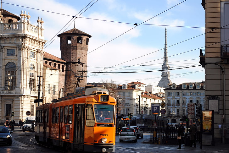 жёлтый и чёрный поезд, Турин, трамвай, Италия, HD обои