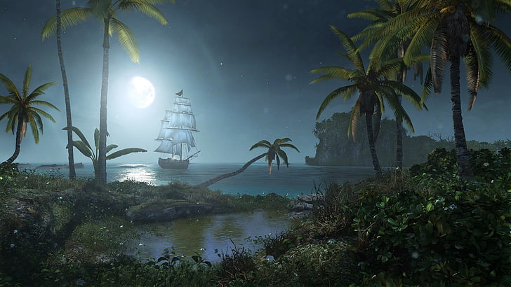 barco galeón en el cuerpo de agua cerca del fondo de pantalla de la isla, Assassin's Creed, Assassin's Creed: Black Flag, pirates, Fondo de pantalla HD