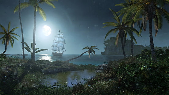 barco galeón en el cuerpo de agua cerca del fondo de pantalla de la isla, Assassin's Creed, Assassin's Creed: Black Flag, pirates, Fondo de pantalla HD HD wallpaper