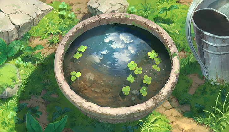 round gray pond, water, reflection, grass, bucket, artwork, digital art, nature, HD wallpaper