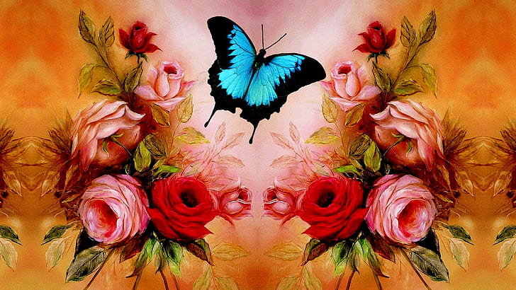 Butterfly Roses, cantik, kupu-kupu, imut, merah muda, bunga, photoshop, cantik, biru, mawar, 3d dan abstrak, Wallpaper HD