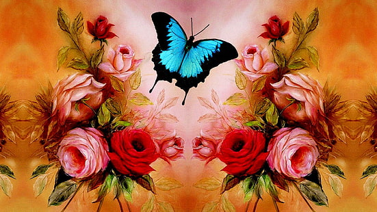 Rosas de borboleta, linda, borboleta, fofa, rosa, flores, photoshop, bonita, azul, rosa, 3d e abstrata, HD papel de parede HD wallpaper