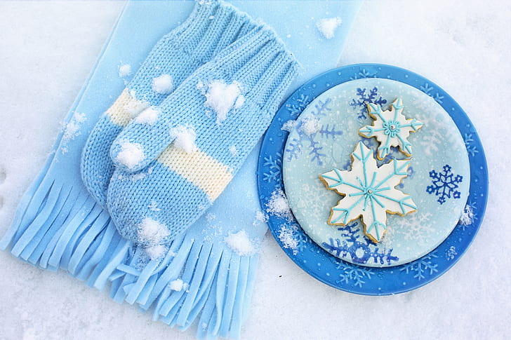 winter, snow, snowflakes, scarf, plates, plate, blue, background, mittens, cookies, snowflake, HD wallpaper