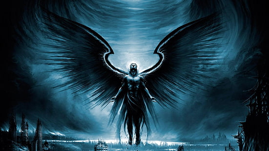 papier peint ange déchu, ailes, ange, apocalyptique, Vitaly S Alexius, art numérique, bleu, Fond d'écran HD HD wallpaper
