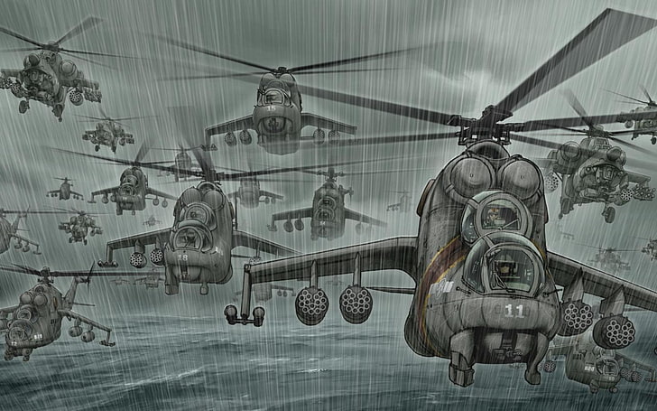 Sea, Rain, Helicopter, Art, A lot, BBC, Mi-24, Helicopters, Hind, The shower, Mi-28, Mi 28, DOE, Ми28, 