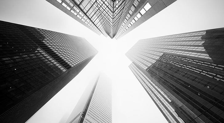 Toronto Skyscrapers Black and White HD Wallpaper, earthworm photo of buildings, Black and White, Architecture, Wide, Skyscrapers, Toronto, Downtown, 14mm, HD wallpaper