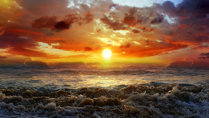 Into The Sea, lake, nice, beautiful, sunset, water, waves, ocean, amazing, pretty, horizon, clouds, sunlight, natu, HD wallpaper