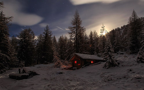 снег, домик, деревья, зима, HD обои HD wallpaper