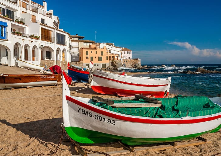 Meer, Küste, Gebäude, Haus, Boote, Spanien, Katalonien, Mittelmeer, Costa Brava, Mittelmeer, Calella de Palafrugell, HD-Hintergrundbild