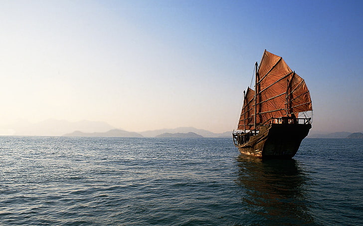 brown wooden sailboat, boat, sea, China, HD wallpaper