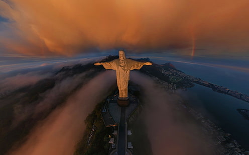 Aerial View, brazil, Christ The Redeemer, clouds, Rio De Janeiro, Statue, HD wallpaper HD wallpaper