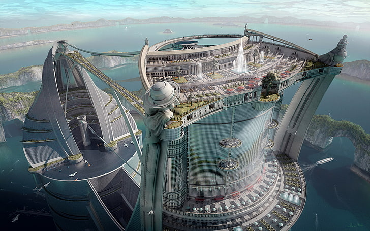 ภาพประกอบอาคารคอนกรีตสีเทาและสีขาวอนาคตศิลปะดิจิทัลเมืองแห่งอนาคตนิยายวิทยาศาสตร์, วอลล์เปเปอร์ HD