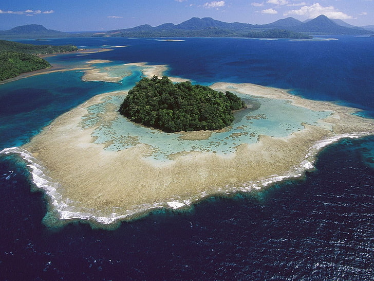pintura abstracta azul y blanca, isla, mar, atolones, tropical, paisaje, vista aérea, naturaleza, Fondo de pantalla HD