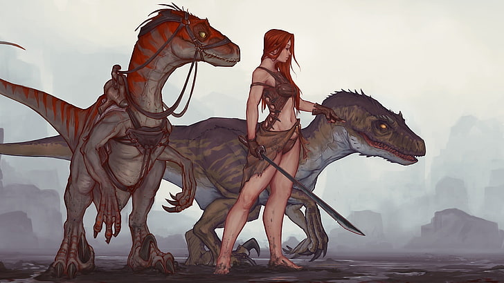 илюстрация на жена и дракон, raptor, Ark: Survival Evolved, жени, динозаври, велоцираптори, HD тапет