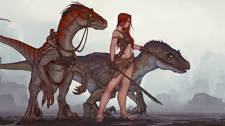 donne, dinosauri, rapaci, Arca: Survival Evolved, velociraptor, Sfondo HD