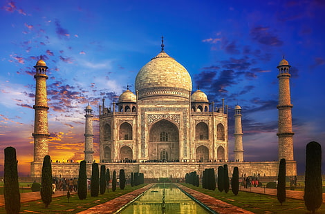 Denkmäler, Taj Mahal, Agra, Kuppel, Indien, Mausoleum, Sonnenuntergang, Uttar Pradesh, HD-Hintergrundbild HD wallpaper