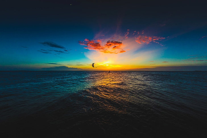 Silhouette von Kitesurfen, Meer, Himmel, Kitesurfen, HD-Hintergrundbild