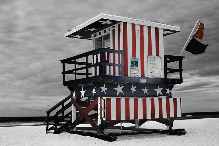 american flag, beach, blue, clouds, flags, landscape, lifeguard tower, nature, ocean, outdoors, red, sand, sea, seascape, seashore, shore, sky, stars, tower, water, waves, white, wood, wooden, royalty  images, HD wallpaper