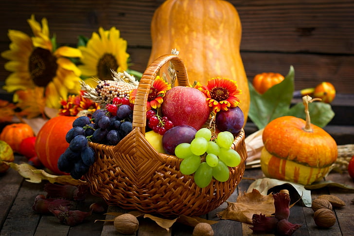 Фотография, натюрморт, кошница, есен, плодове, кратуна, листа, орех, HD тапет