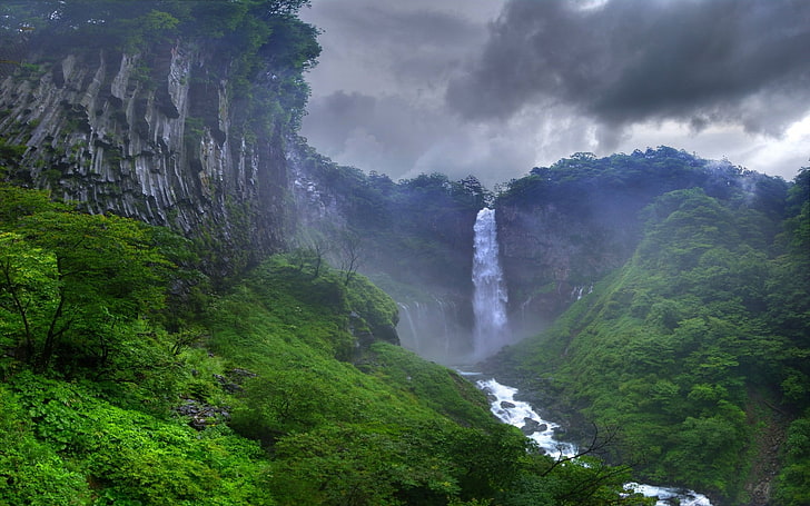 chmury, las, Japonia, krajobraz, mgła, przyroda, rzeka, drzewa, wodospad, Tapety HD