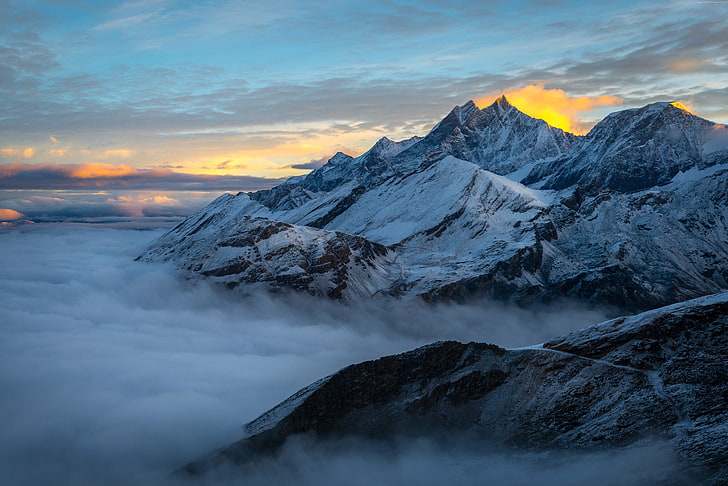 5k, kabut, gunung, pegunungan Alpen, musim dingin, Wallpaper HD