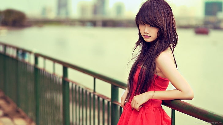 women's red strapless dress, women, model, Asian, red dress, brunette, urban, women outdoors, long hair, outdoors, HD wallpaper