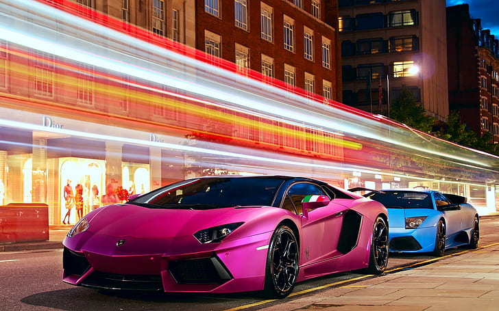 car, Lamborghini, Lamborghini Aventador, Lamborghini Murcielago, Motion Blur, Pink, HD wallpaper