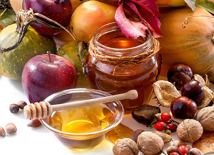 honey syrup, autumn, Apple, food, honey, fruit, nuts, vegetables, pear, jar, chestnuts, HD wallpaper