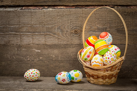 basket, colorful, Easter, happy, wood, spring, eggs, holiday, the painted eggs, HD wallpaper HD wallpaper