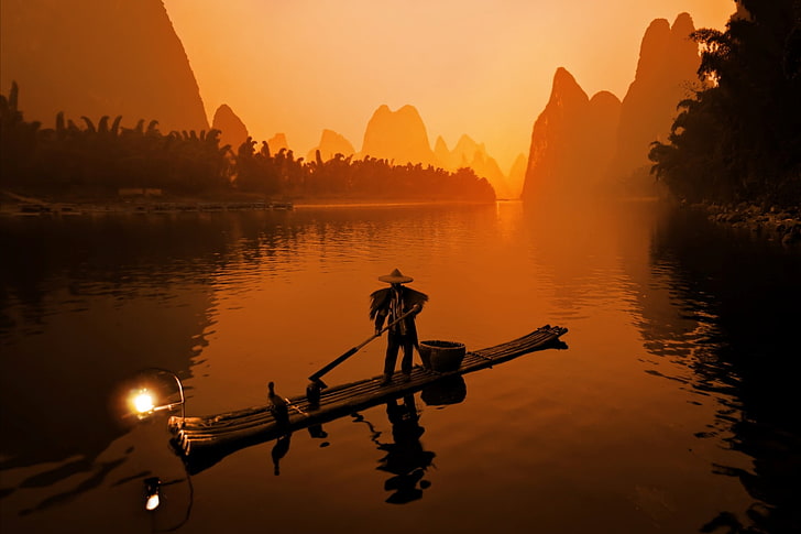 uomo barca a vela sfondo digitale, natura, paesaggio, Cina, Li River, fiume, colline, Sfondo HD