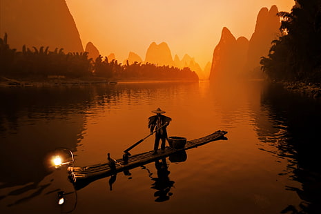 man sailing boat digital wallpaper, nature, landscape, China, Li River, river, hills, HD wallpaper HD wallpaper