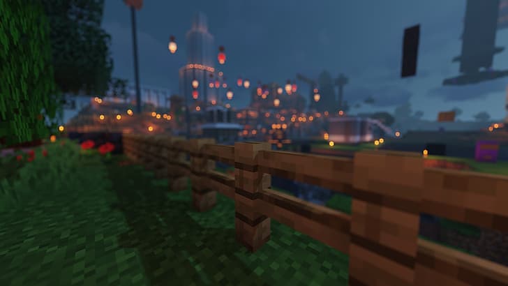 Minecraft, shaders, night, fence, lights, HD wallpaper
