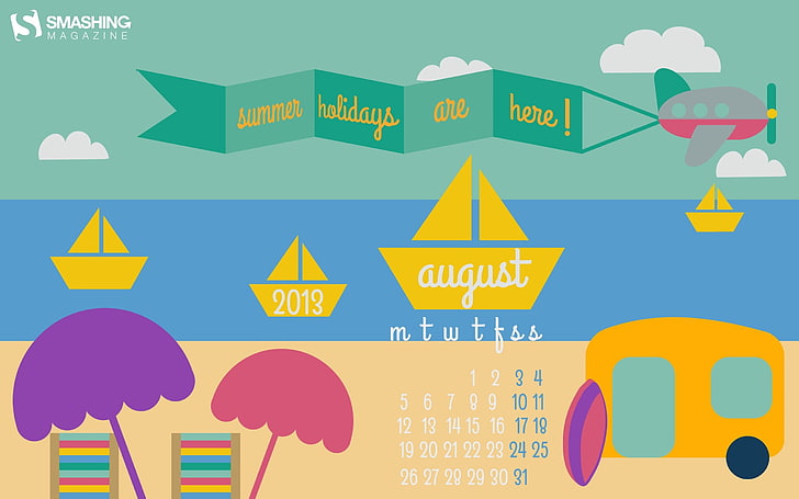 Летни празници-август 2013 календар тапет, жълт и син фон с текст наслагване, HD тапет