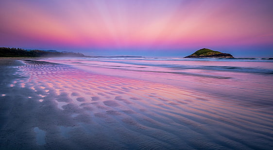 берег и остров, фотография, природа, облака, закат, розовый, берег, пляж, деревья, дальний обзор, песок, море, HD обои HD wallpaper