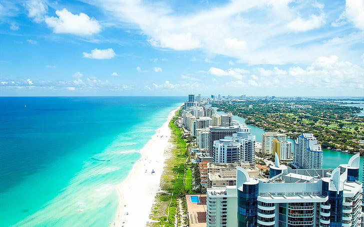 Miami, Floride, ville, été, plage, océan, bâtiments, Miami, Floride, ville, été, plage, océan, bâtiments, Fond d'écran HD