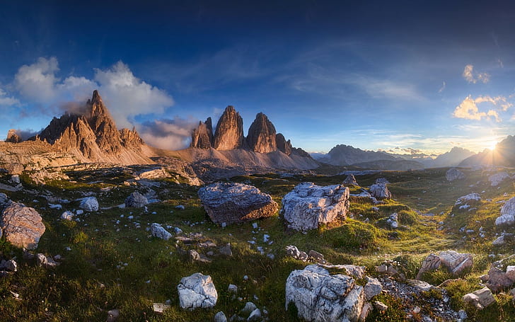 fotografía, naturaleza, paisaje, verano, puesta de sol, piedras, Dolomitas (montañas), flores silvestres, Italia, Fondo de pantalla HD