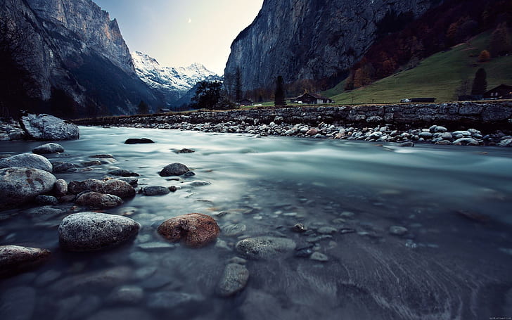 Río en las montañas, montaña glaciar con río, río, paisaje, montaña, agua, roc, Fondo de pantalla HD