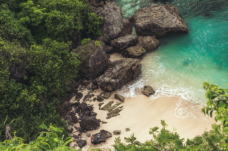 plan d'eau, photo aérienne d'une plage de sable blanc à côté de grosses pierres noires et d'eau verte, arbres, rochers, plantes, mer, île, forêt, Nouvelle-Zélande, turquoise, nature, plage, Fond d'écran HD