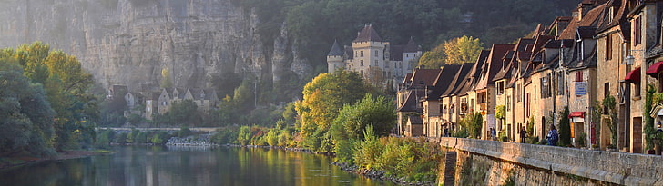 скала, замък, поток, природа, Франция, множество дисплеи, дървета, пейзаж, La Roque Gageac, села, планини, река, двойни монитори, HD тапет