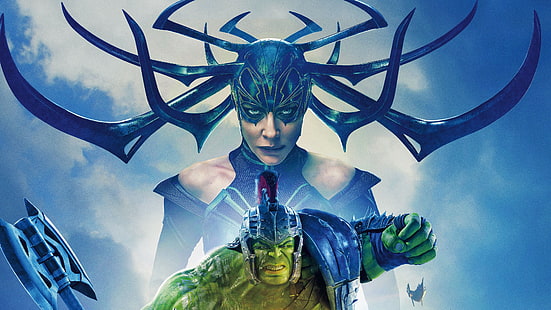 Thor: Ragnarok (2017), affiche, film, ragnarok, bandes dessinées, thor, hela, hulk, fantaisie, vert, bleu, Fond d'écran HD HD wallpaper