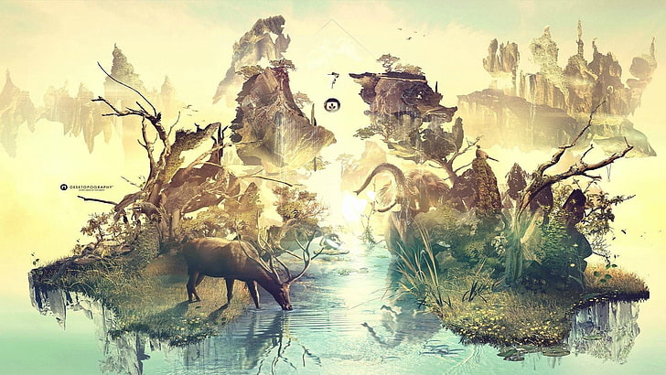 wilderness painting, digital art, lake, trees, mountains, animals, elephant, yoga, Desktopography, HD wallpaper