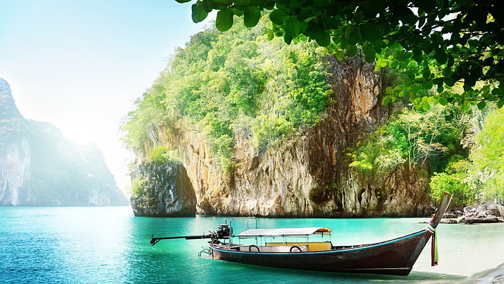 Thaïlande, thaï, mer, eau, île, bateau, bateau, arbres, rochers, plage, vacances, Fond d'écran HD
