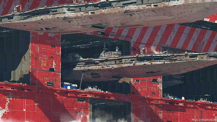 zwei graue Boote, Science-Fiction, Kunstwerk, futuristisch, Raumschiff, Fahrzeug, Paul Chadeisson, HD-Hintergrundbild