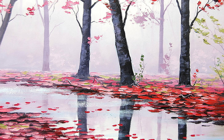 body of water between red flowers and trees artwork, nature, red, rain, painting, Graham Gercken, HD wallpaper