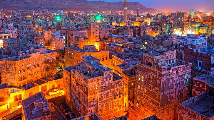 yemen, lampu kota, sanaa, cityscape, Wallpaper HD