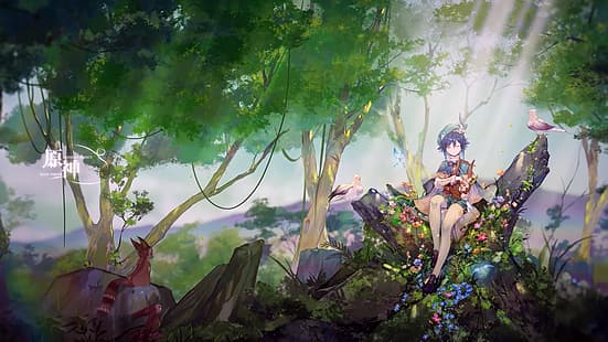 Genshin Etkisi, Venti (Genshin Etkisi), ozan, fantezi sanatı, doğa, anime erkekleri, HD masaüstü duvar kağıdı HD wallpaper