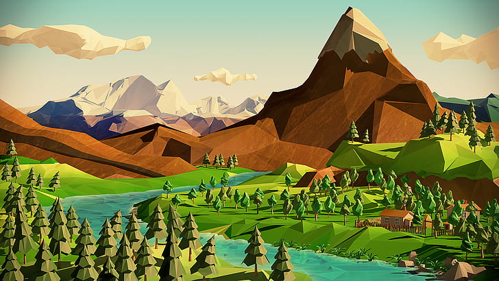 Polygon Art Landscape Mountains Trees River HD, 디지털 / 아트웍, 풍경, 나무, 산, 강, 예술, 다각형, HD 배경 화면