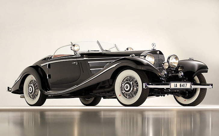 classic black coupe, mercedes, 1936, 540k, special roadster, classic, car, black, HD wallpaper